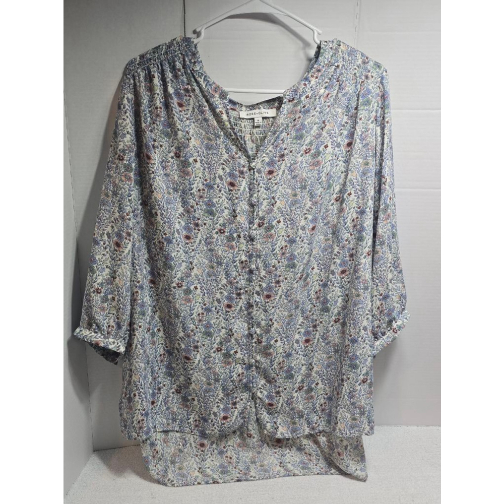 Women's ROSE+OLIVE Blouse 1X White Floral
